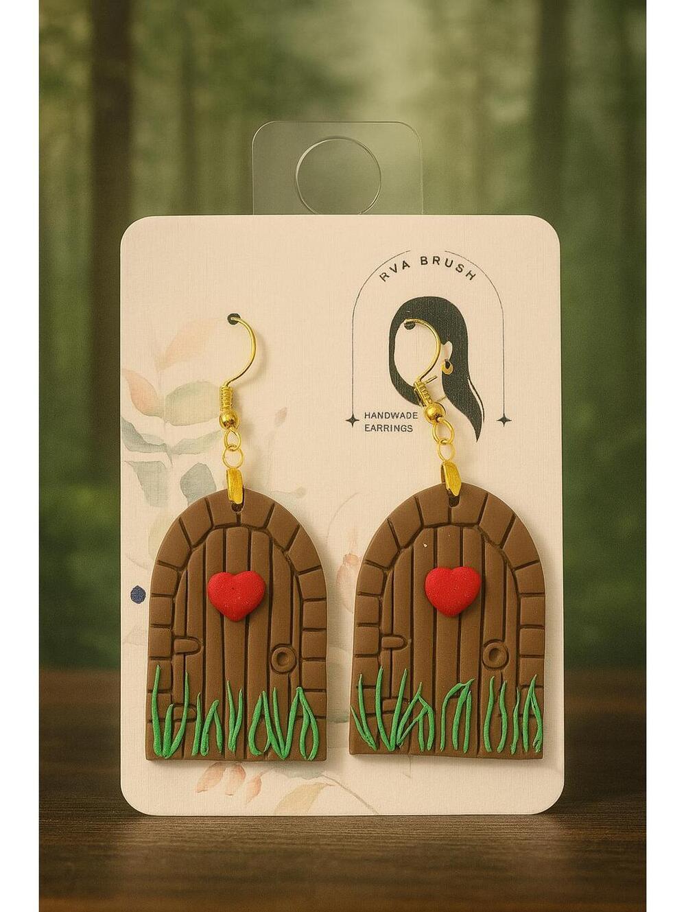 Handmade Polymer Clay Fairy Door Earrings with Red Heart Accent, Cottagecore and